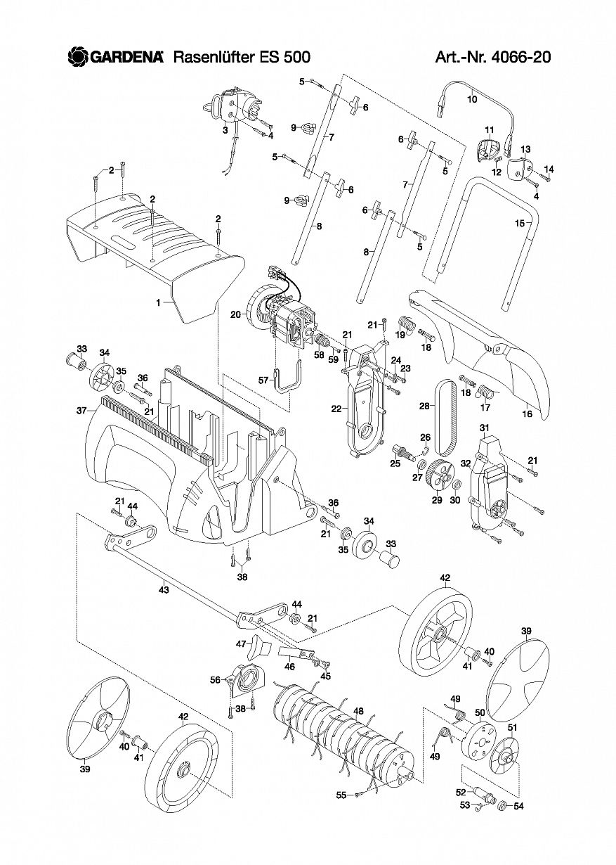 1 ТРОС, НОЖИ, ЭЛЕКТРОДВИГАТЕЛЬ, КОЛЕСА Аэратор - Скарификатор GardenaELECTRIC LAWN RAKE ES 500, Art. 4066-20 