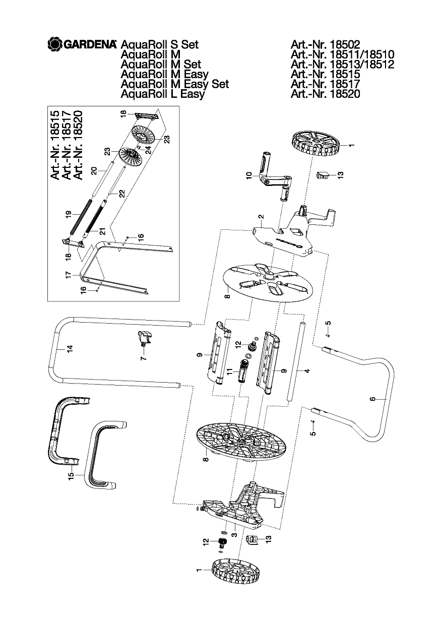 1|  18502-20 Тележка для шланга AquaRoll S | Тележки и катушки для шлангов GARDENA ЗАПЧАСТИ |