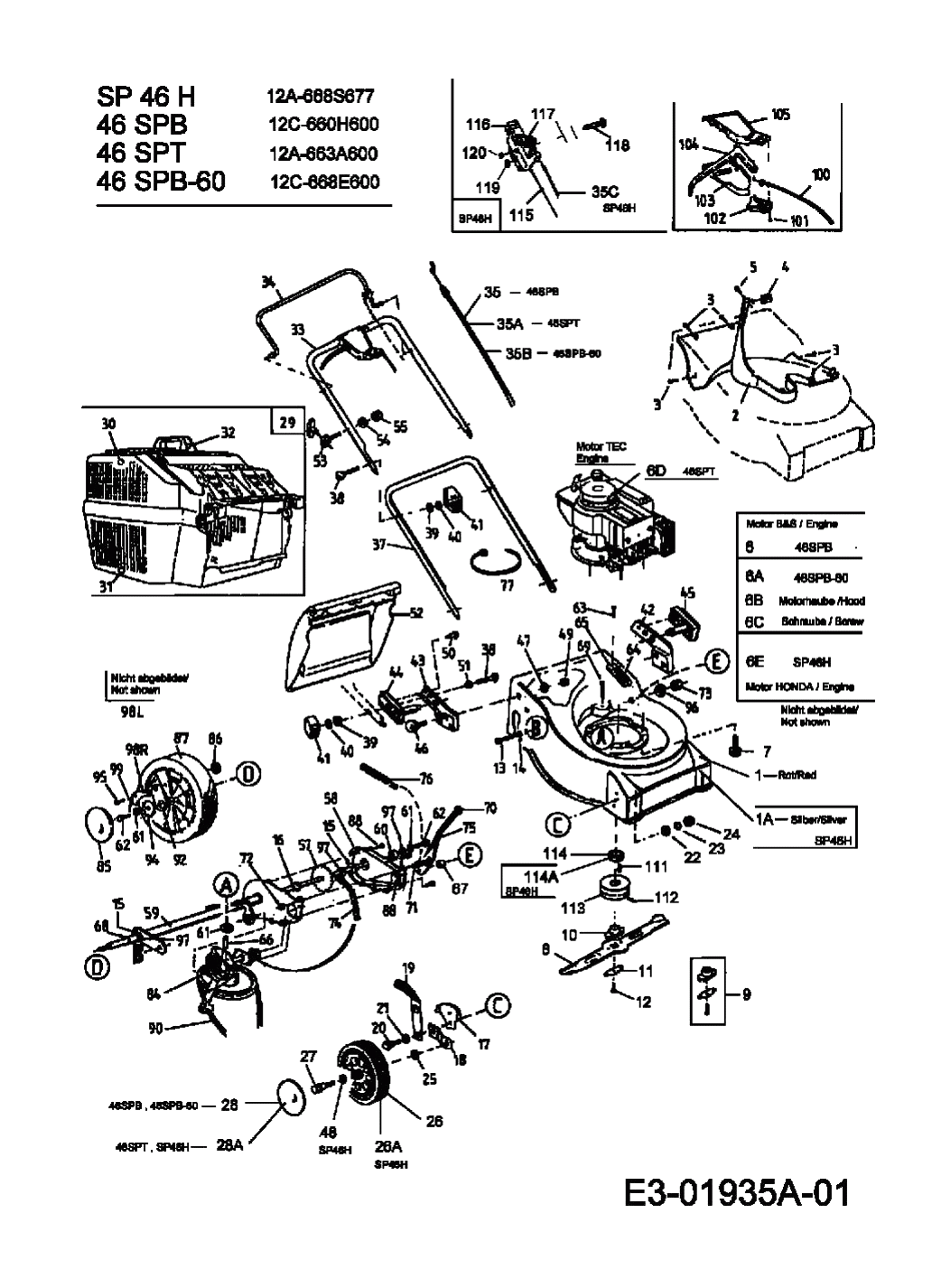 MTD Артикул 12A-668S677 (год выпуска 2004). Основная деталировка